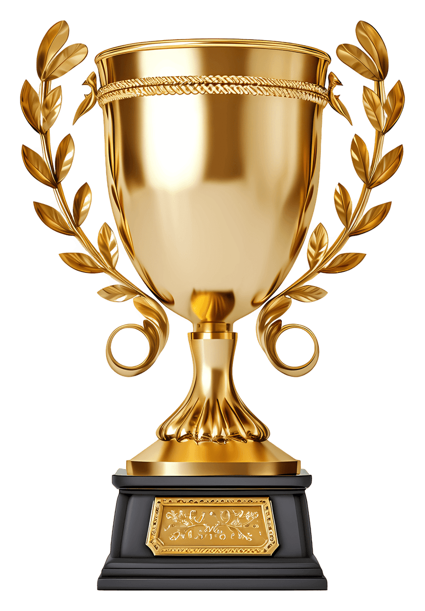 Gold trophy with laurel wreath cup featuring metallic handles and a polished yellow finish on transparent space.