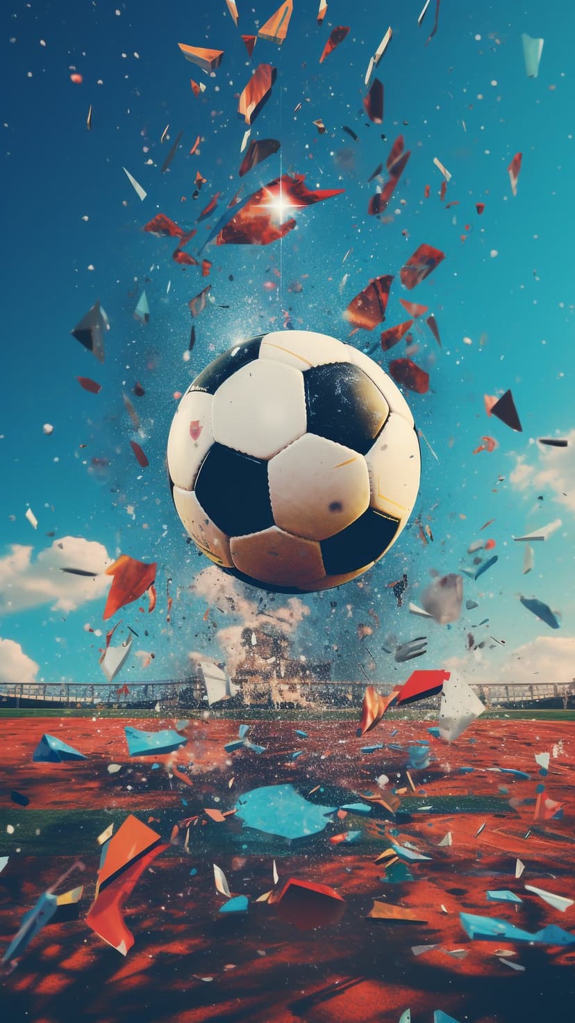 Soccer ball exploding into colorful shards over a red sports field and stadium bleachers under a bright blue sky.