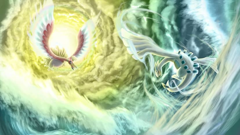 Ho-Oh in a golden sun vortex and Lugia in a blue water storm during a mythical legendary Pokémon battle.