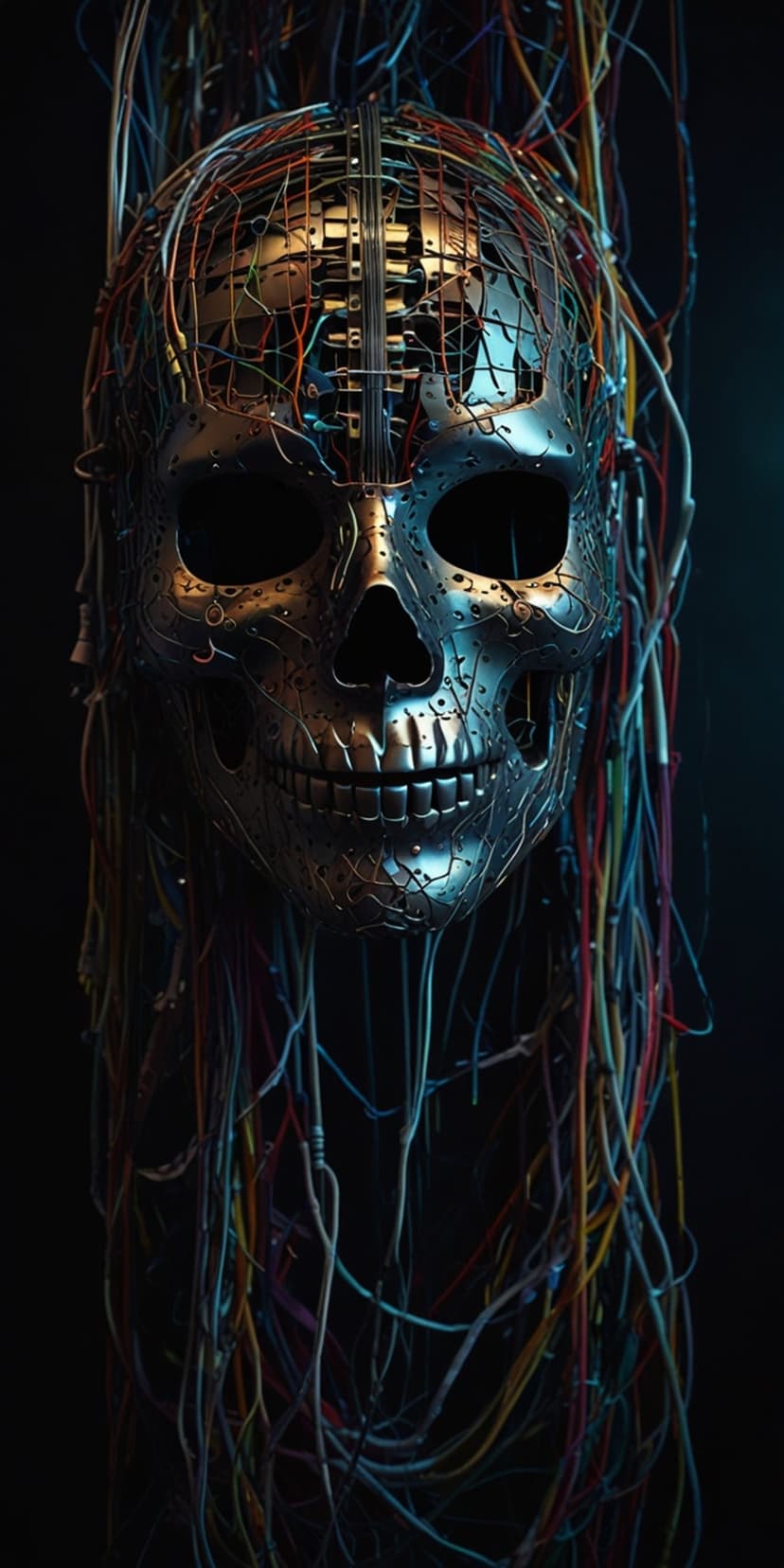 Metallic robotic skull with exposed multicolored wiring and complex circuits against a dark vertical background.