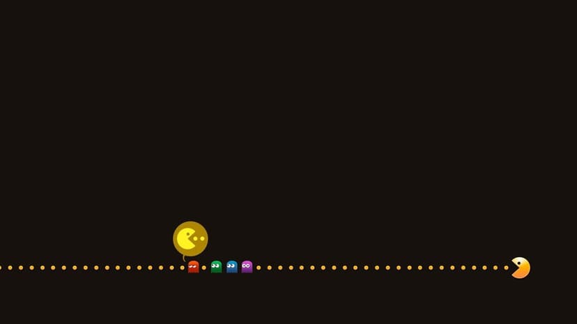 Pac-Man and four colorful ghosts on a line of dots against a black background in a minimalist gaming scene.