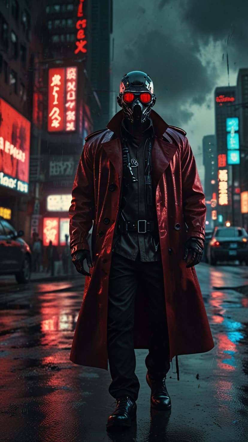Masked figure in a long red coat walks along a wet city street glowing with blue and pink neon signs at night.