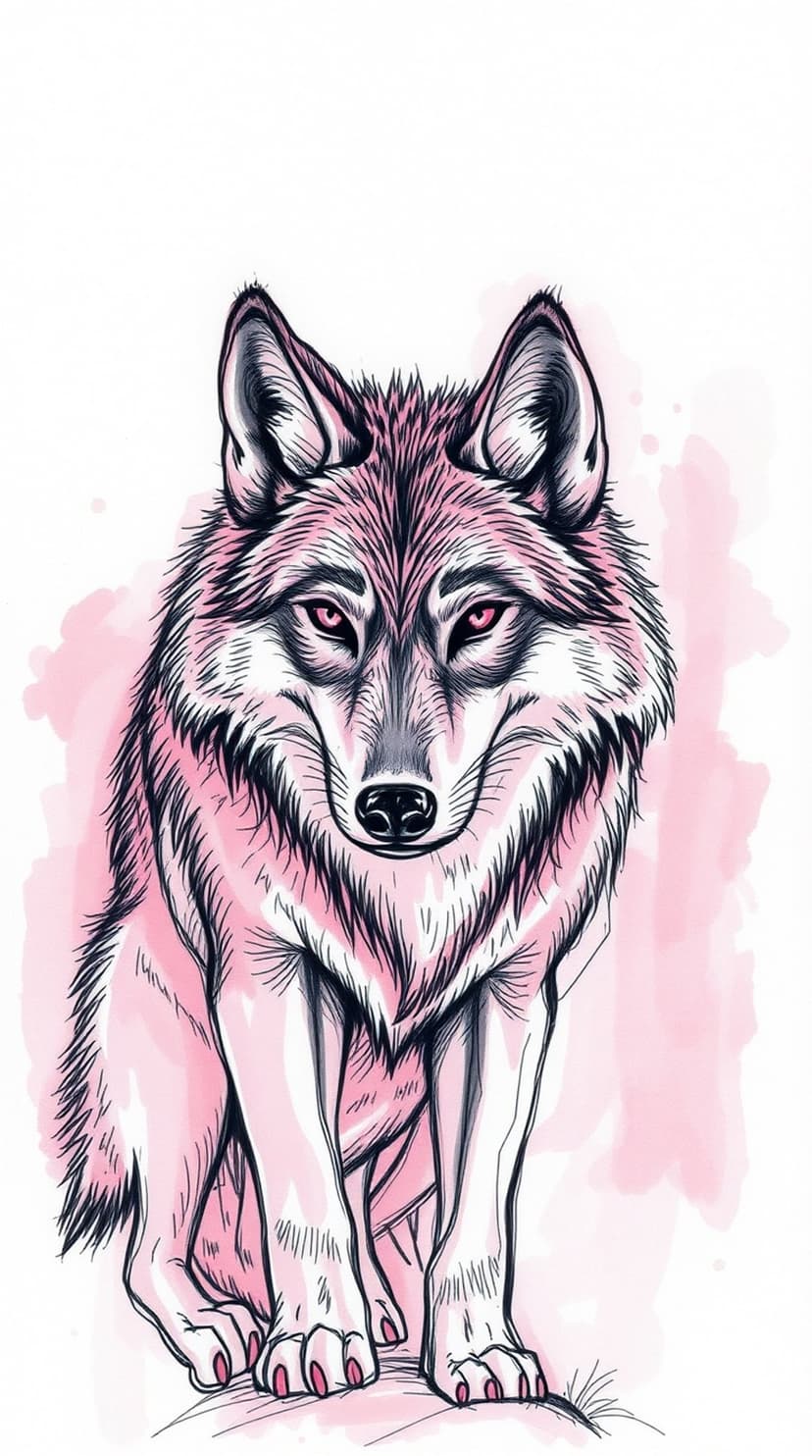 Wolf with vibrant pink fur and glowing red eyes surrounded by abstract watercolor splashes and paint drips.