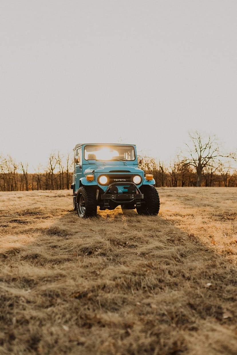 Blue Toyota Land Cruiser parked in a dry grassy field under bright golden hour sunlight with bare trees behind.