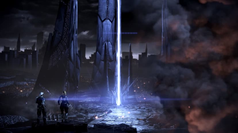 Two armored figures look at a giant spire emitting a bright blue beam in a dark, ruined futuristic city.