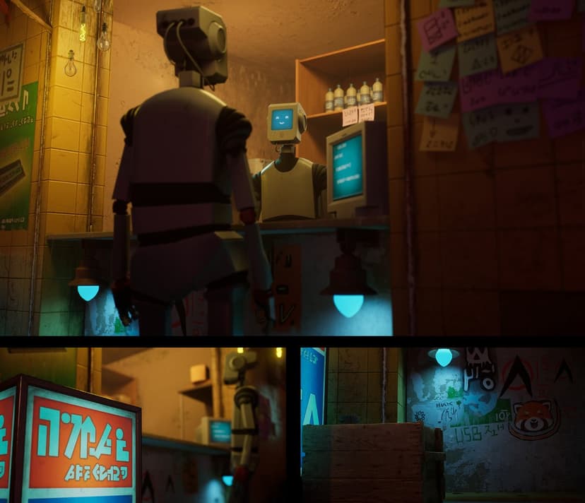 Humanoid robot at a counter talking to a merchant robot with a smiling digital face in a sci-fi bar environment.