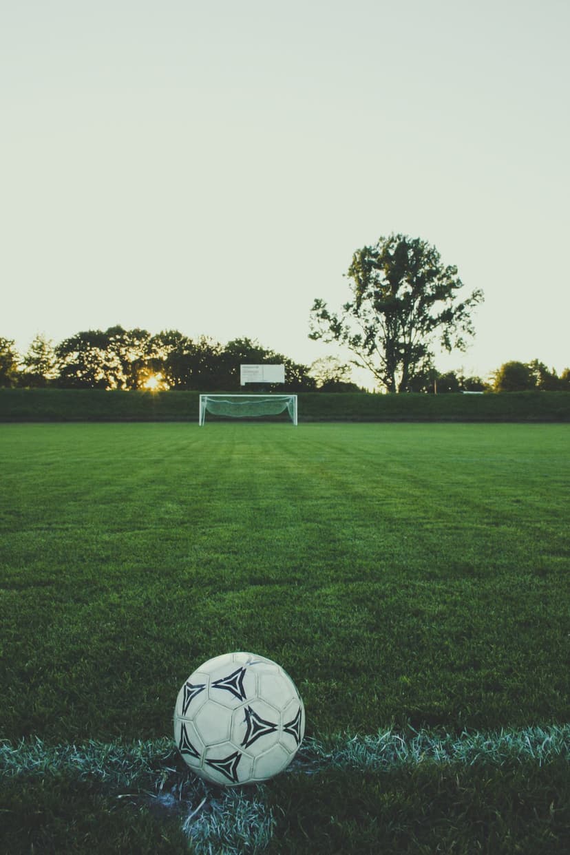 Soccer ball sits on green grass with a goal post and silhouetted trees under a warm sunset sky at golden hour.