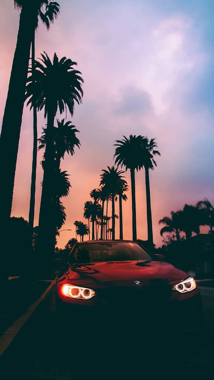 Red sports car cruising past silhouetted palm trees during a vibrant orange and purple sunset on a paved road.