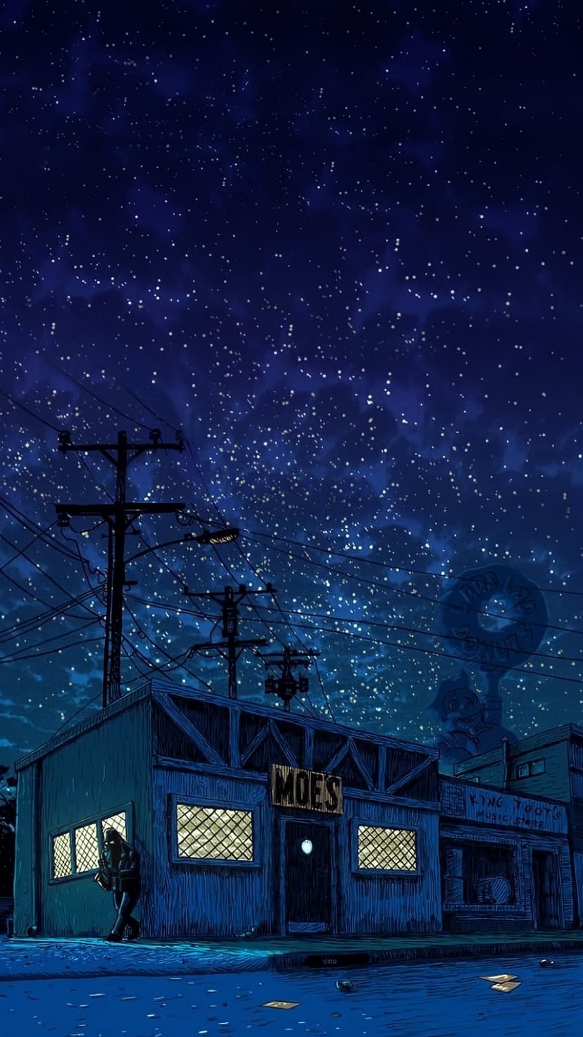 Moe's Tavern glows under a vast starry sky with a neon sign and silhouettes of urban utility poles at night.