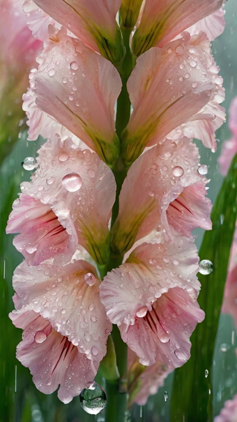 Pink gladiolus flowers with glistening raindrops on soft petals against a blurred green botanical background.