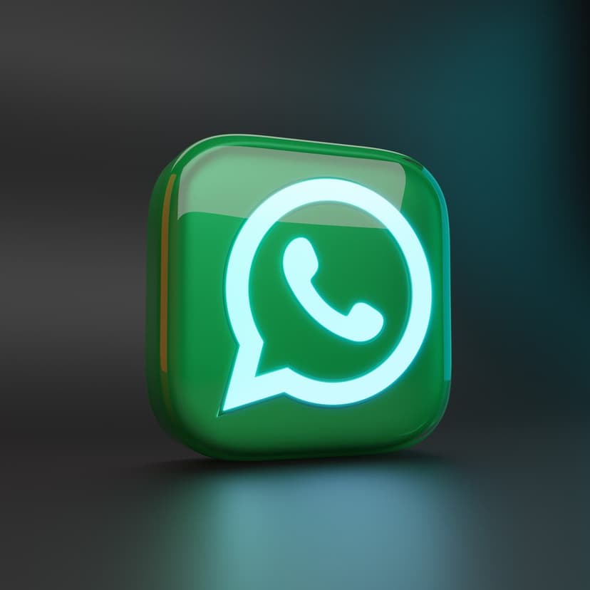 WhatsApp 3D logo with a green glossy finish and neon white outline glows against a dark teal-accented background.