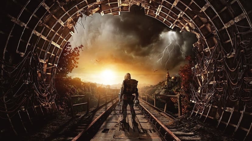 Survivor on a railway inside a ruined tunnel looking at a sunset and lightning storm over a wasteland.