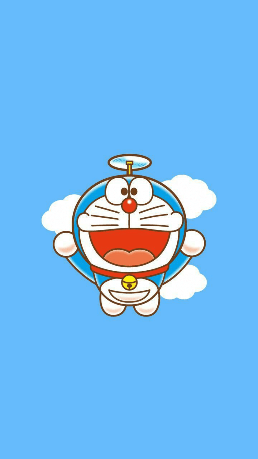 Doraemon flies through a bright blue sky using a bamboo copter headpiece among soft white clouds.