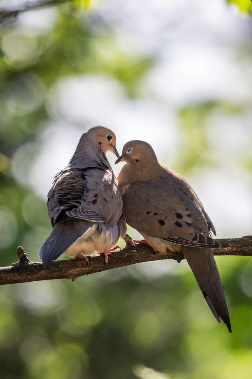 Two mourning doves nuzzle beak-to-beak on a textured tree branch with a blurred green forest background.