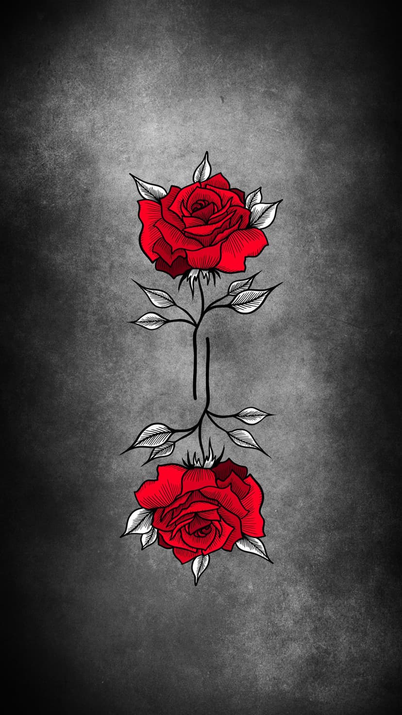 Two red roses and white leaves centered on a dark charcoal textured background with a symmetrical black stem.