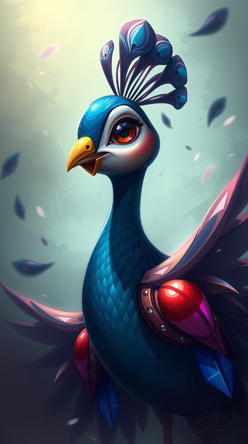 Sapphire peacock with crimson gems and gold accents stares forward amidst falling petals on a purple background.
