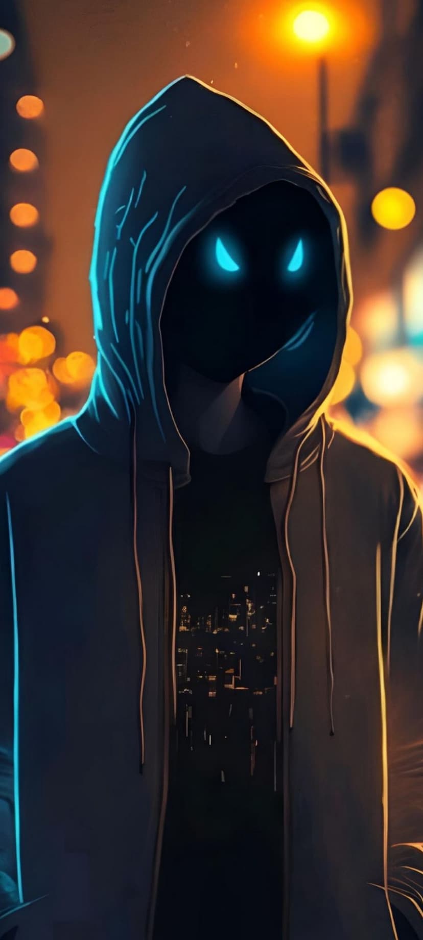 Hooded figure with glowing blue eyes stands before blurred city lights and warm amber streetlamps at night.