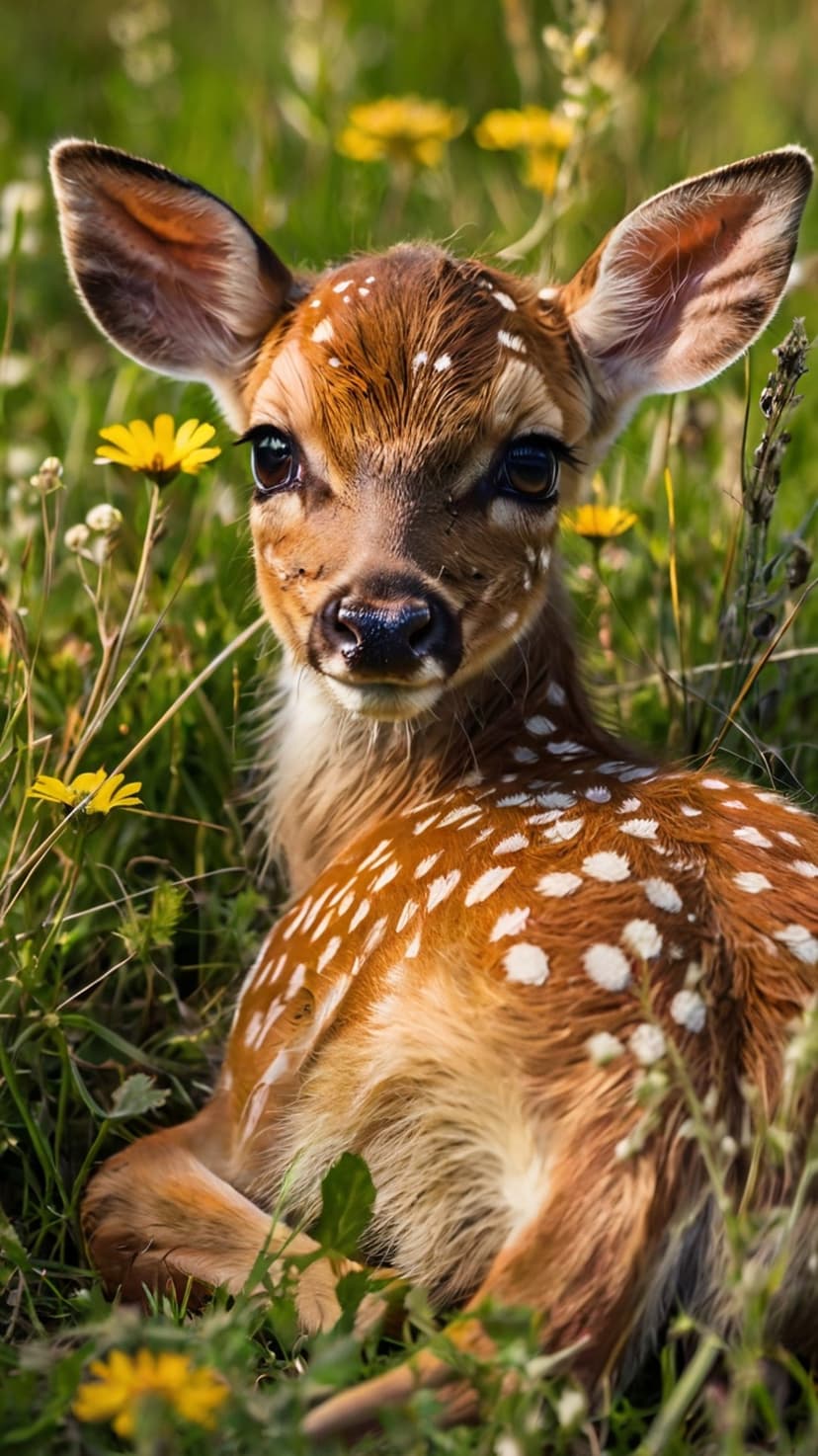 Young spotted fawn resting in green grass with yellow wildflowers under soft, dappled forest sunlight.