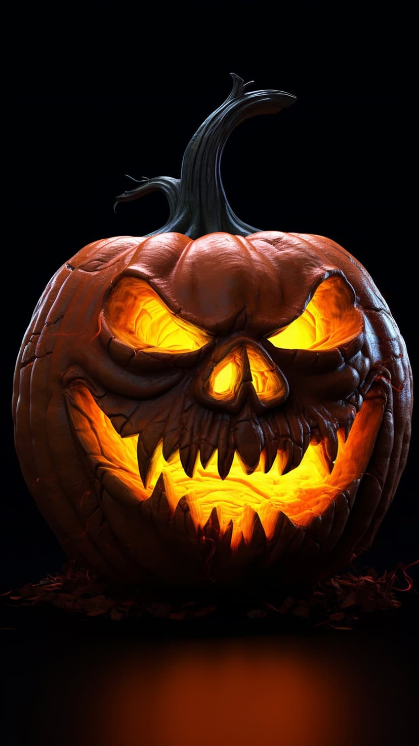 Menacing jack-o'-lantern with sharp teeth and radiant amber light emanating from its eyes in the dark.
