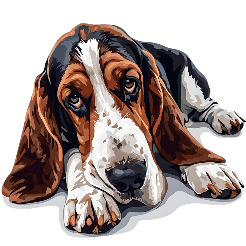 Basset Hound dog with long ears and brown fur sits in a realistic digital painting style with matte finish.