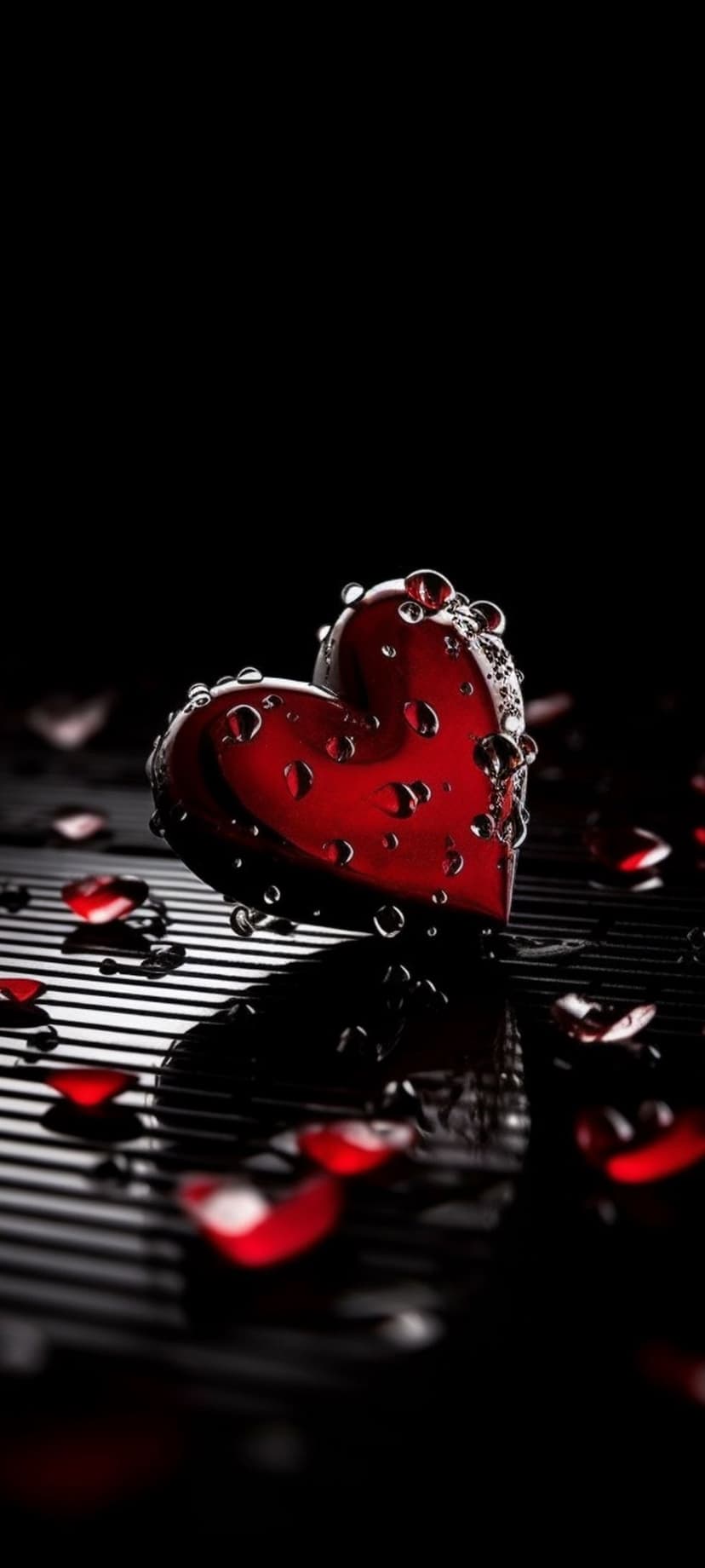 Red glossy heart with water droplets and rose petals resting on a black and white striped reflective surface.