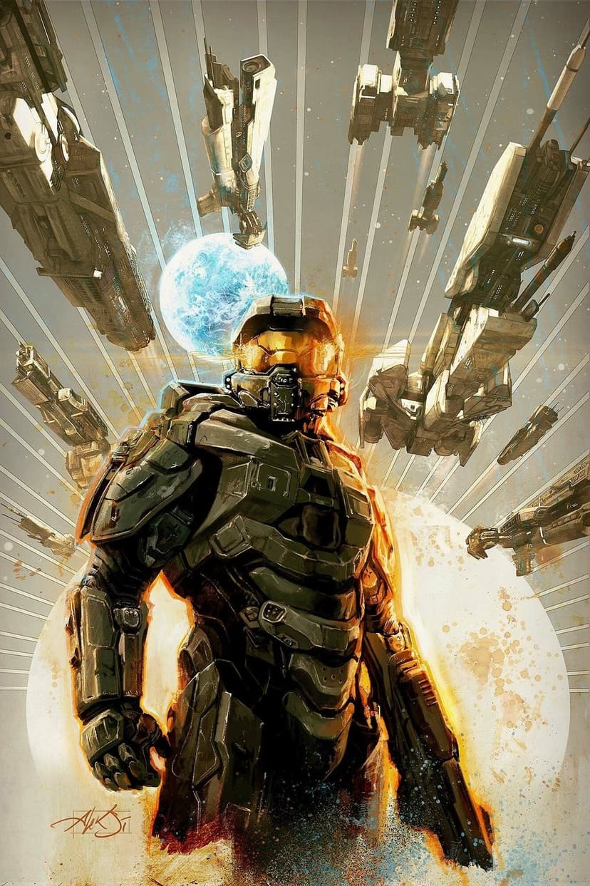Master Chief in green armor stands before UNSC spaceships and a blue planet with vertical light rays.