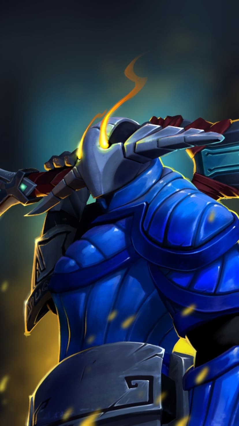 Armored knight in blue plate mail holding a large sword with a glowing orange flame rising from the helmet eye.