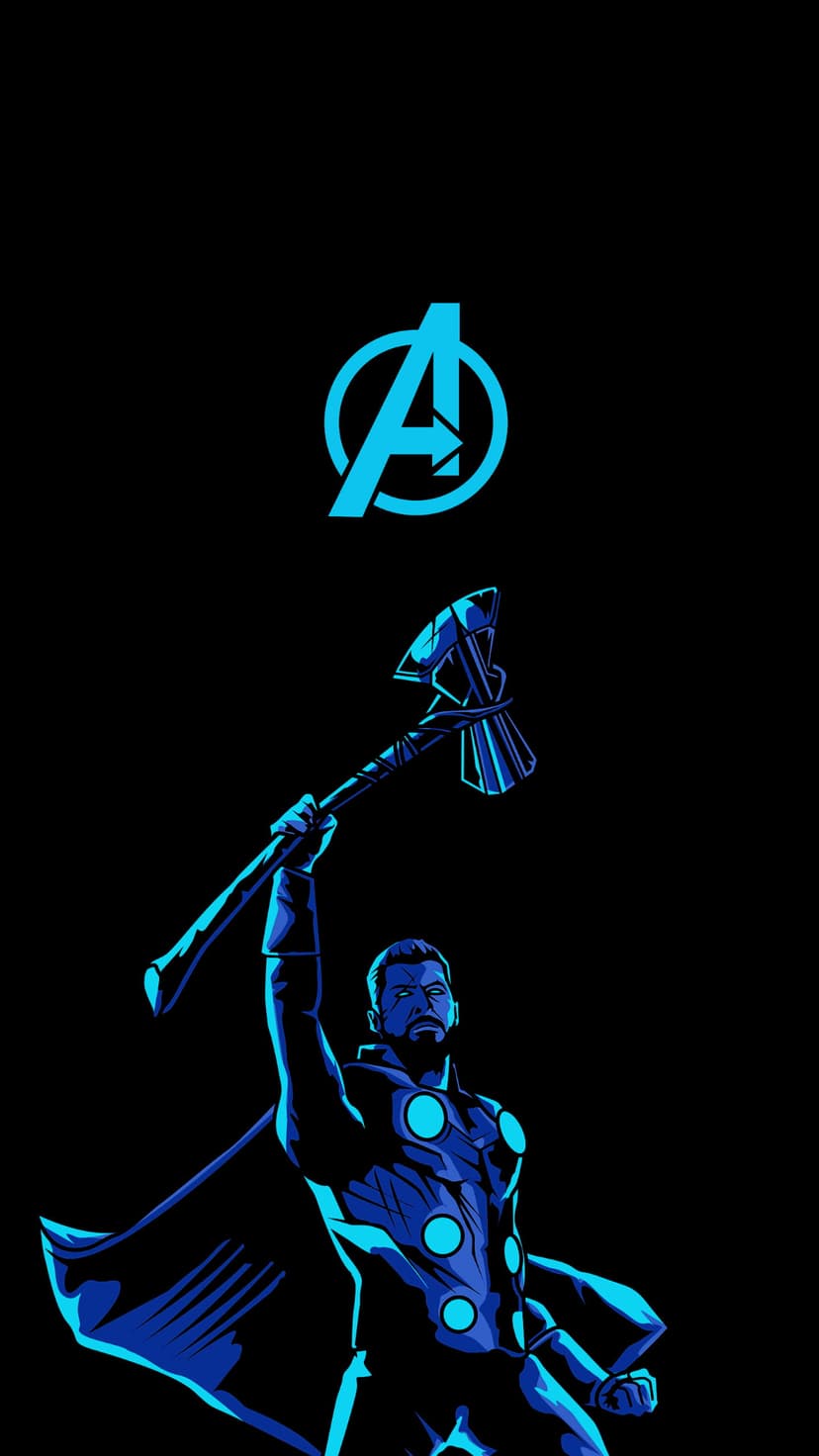 Thor raises Mjolnir in a cyan silhouette beneath the Avengers A logo on a solid black background for phones.