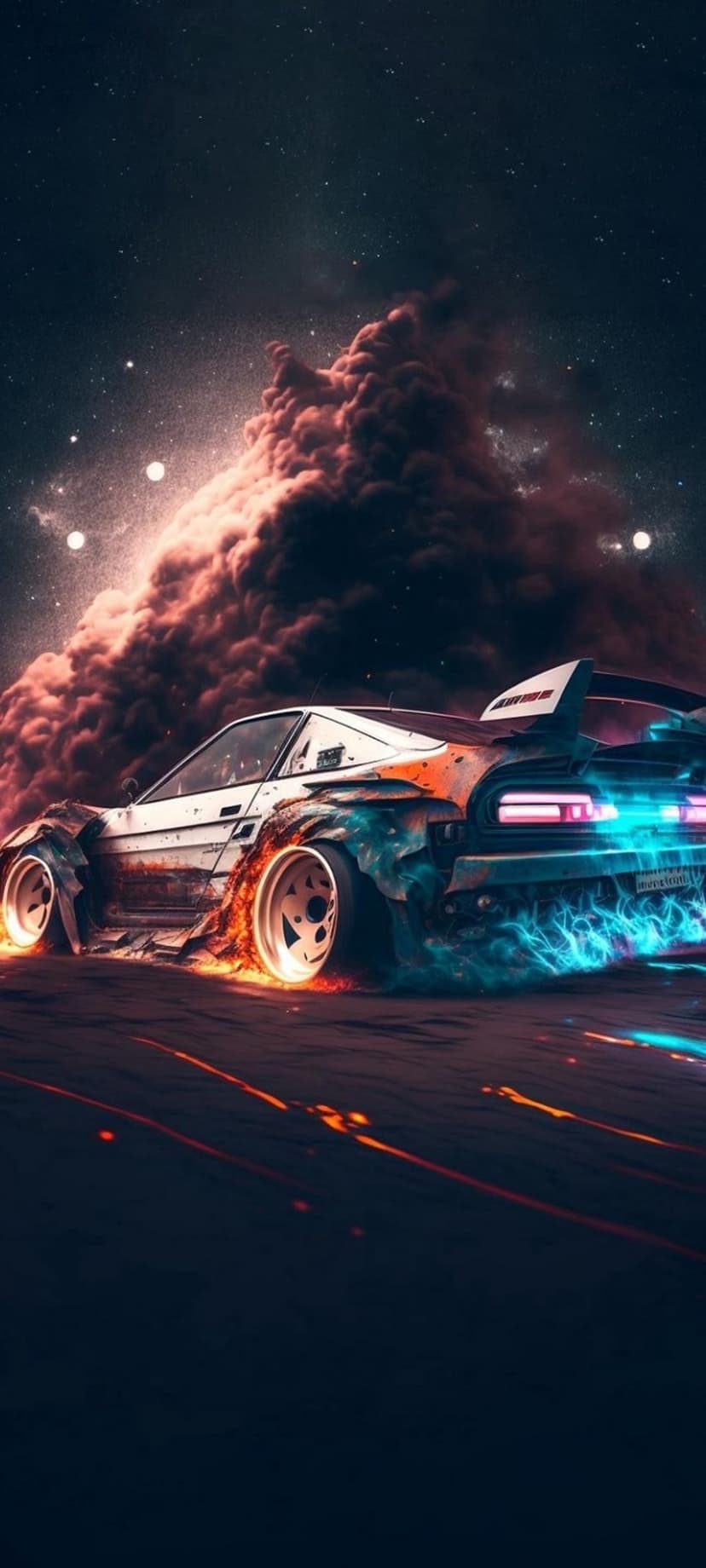 White futuristic racing car emitting blue flames while speeding through a star-filled red cosmic nebula.