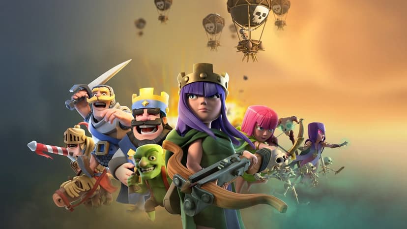Archer Queen with X-Bow leads the Barbarian King and troops against a golden sunset and floating skull balloons.