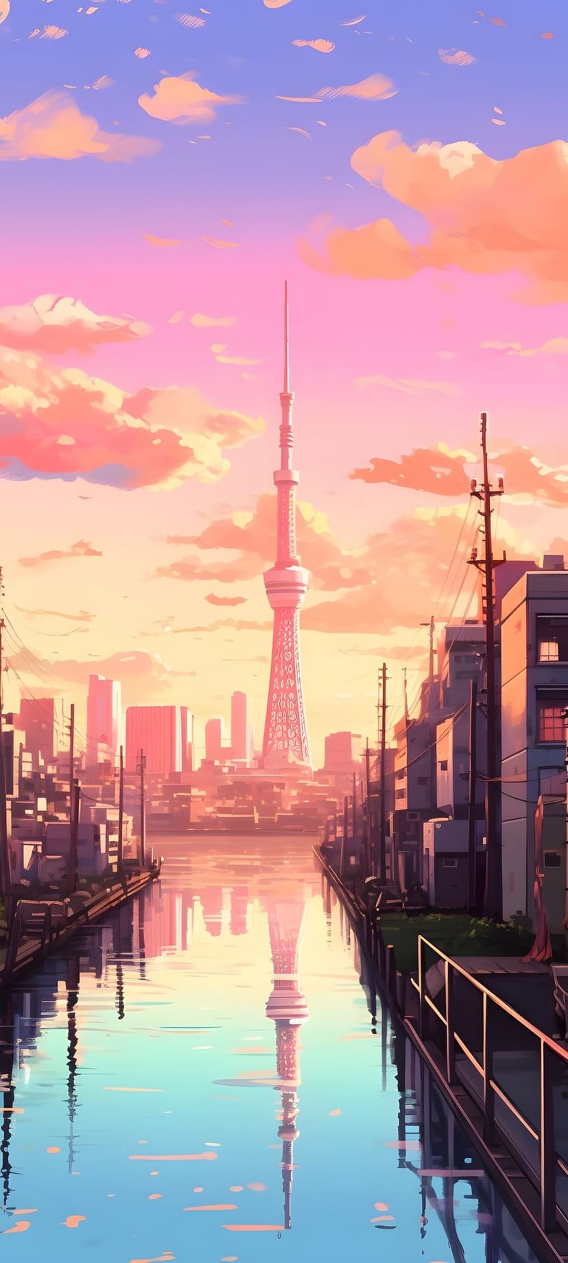 Slender spire and metropolitan buildings reflecting in a calm canal under a pink and purple sunset sky.