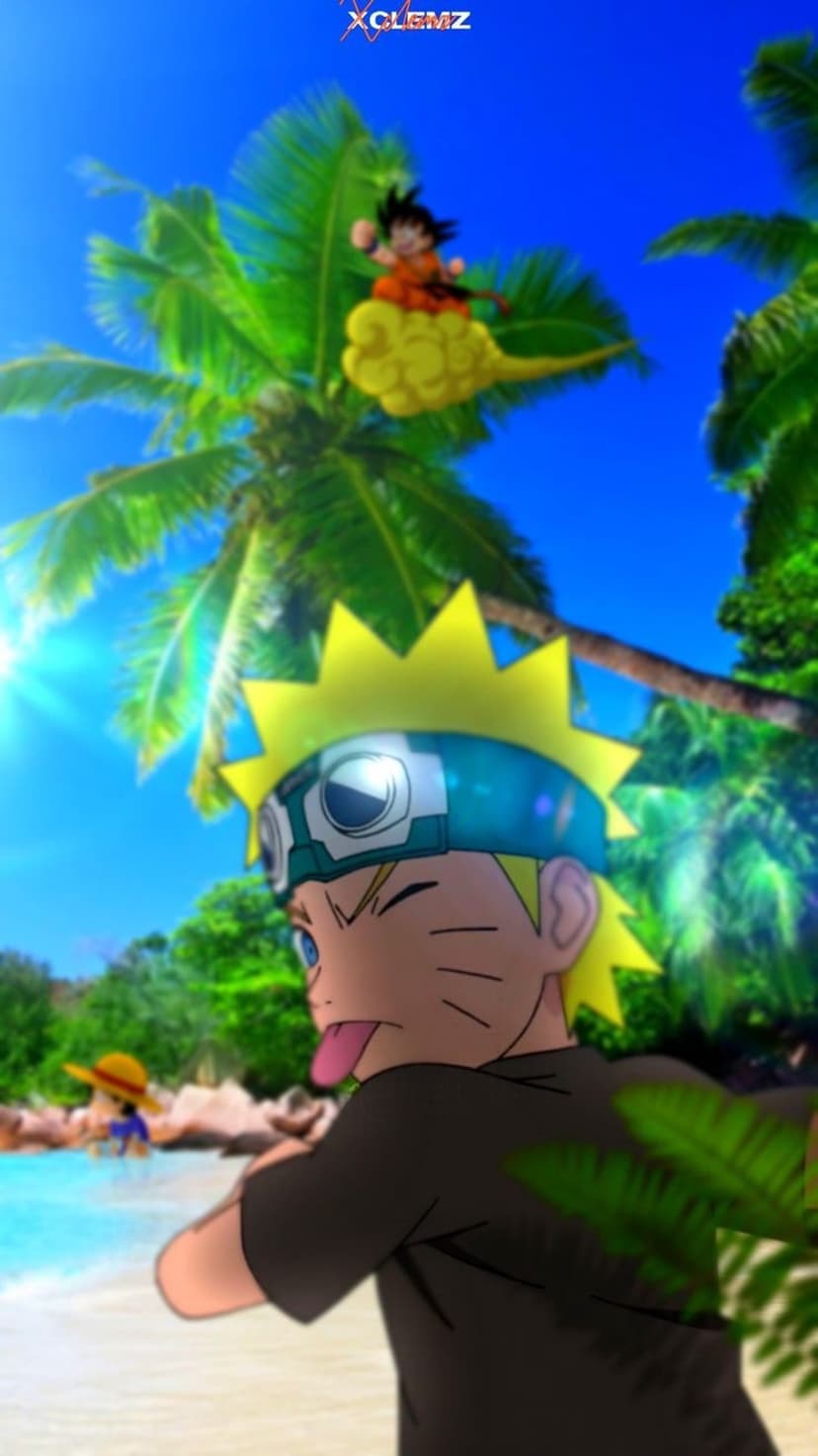 Goku on a Nimbus cloud flies over Naruto at a tropical beach while Luffy wades in the ocean under palm trees.