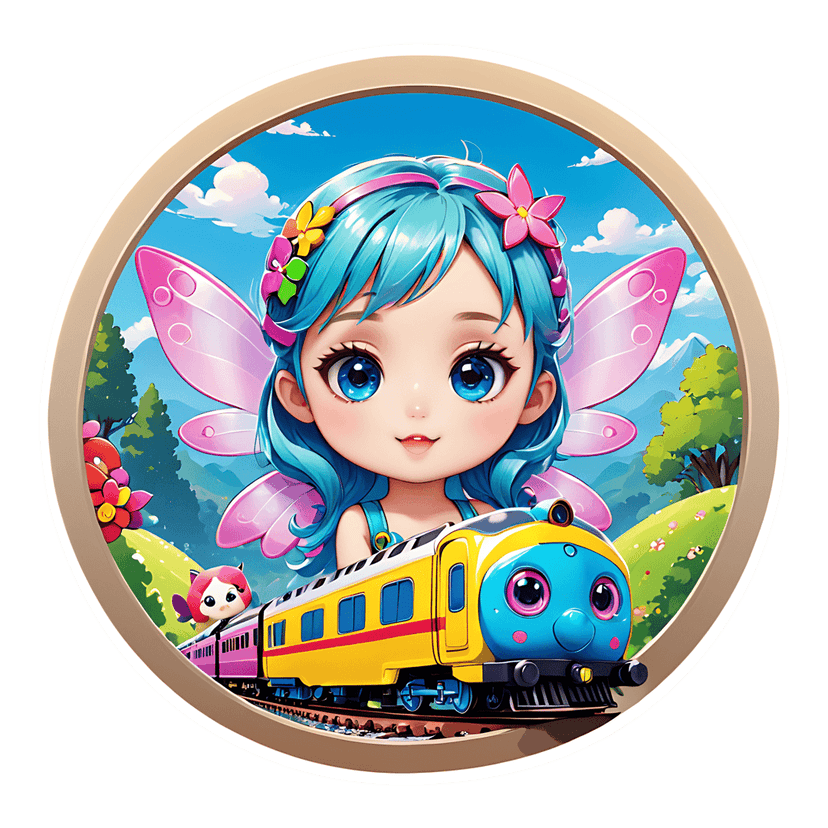 Chibi fairy girl with pink wings rides a yellow train through a green mountain landscape inside a round frame.