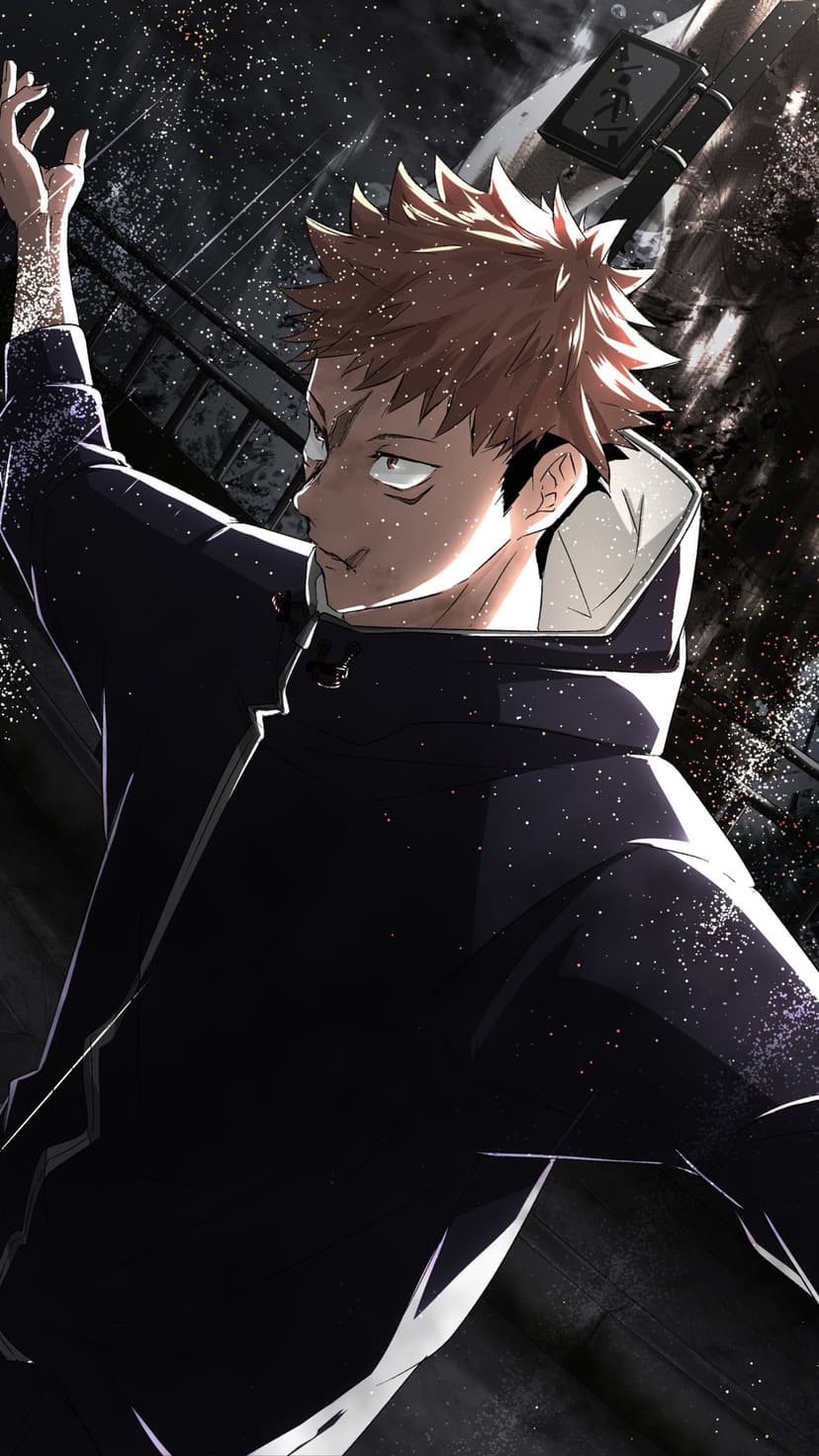 Yuji Itadori looks upward with a fierce gaze and black facial markings against a dark textured backdrop.