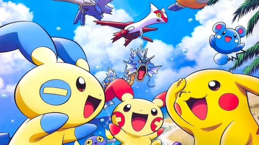 Pikachu, Plusle, and Minun smile on a tropical beach with Gyarados and Latias under a bright blue bubbly sky.