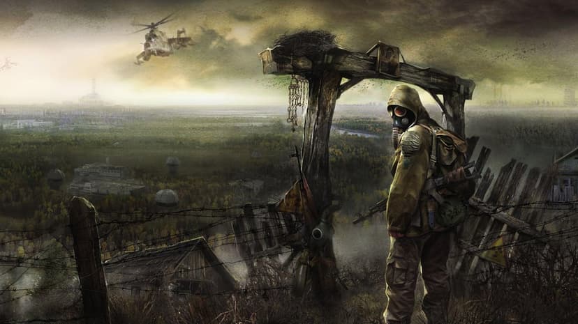 Survivor in a gas mask and tactical gear stands by a barbed wire fence overlooking a misty post-apocalyptic wasteland.
