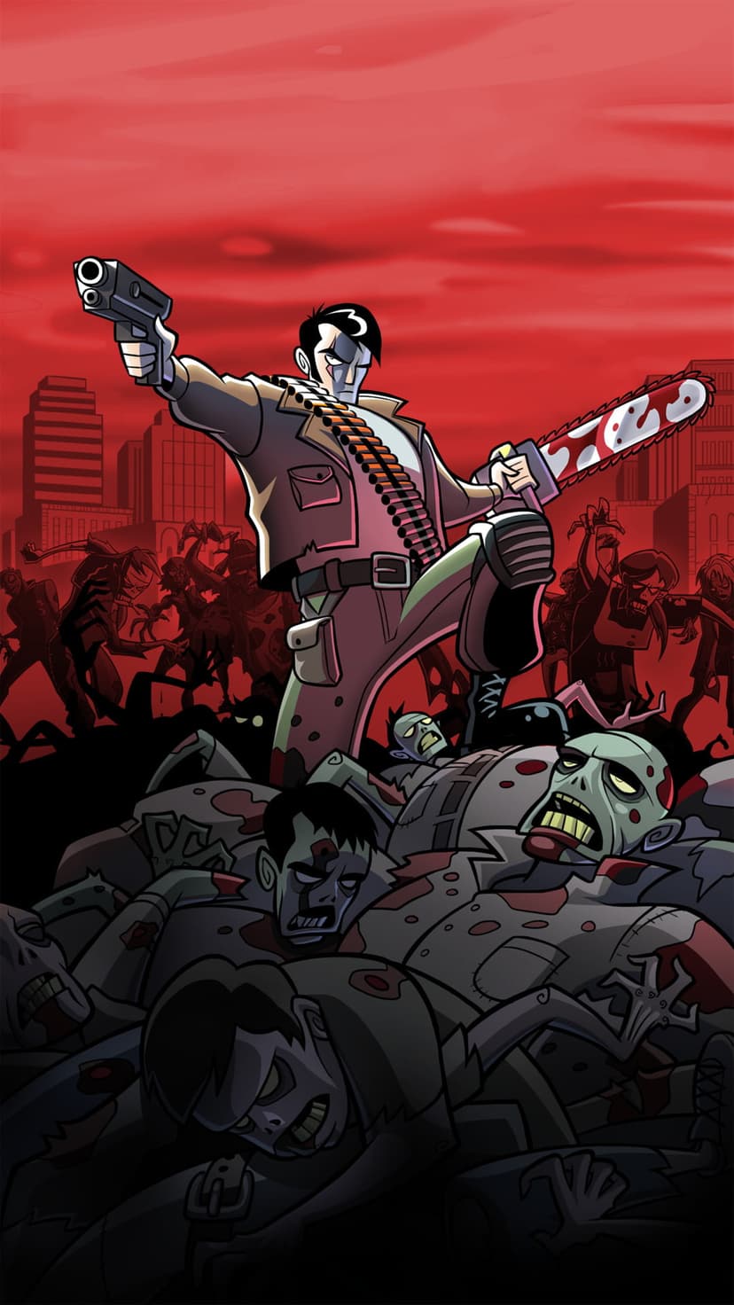 Bearded hunter with a chainsaw and pistol stands on a pile of zombies against a dark red urban skyline.
