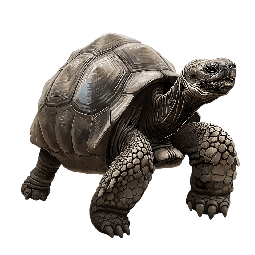 Galapagos tortoise illustration showing detailed shell texture and wrinkled skin against a black background.