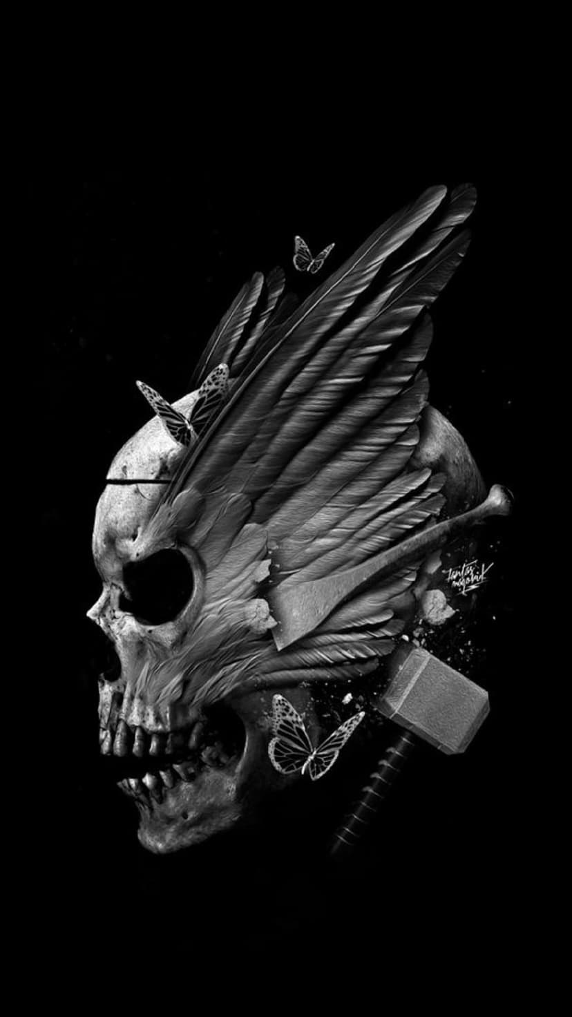 Detailed human skull with large feathered wings and small butterflies in a high-contrast black and white style.