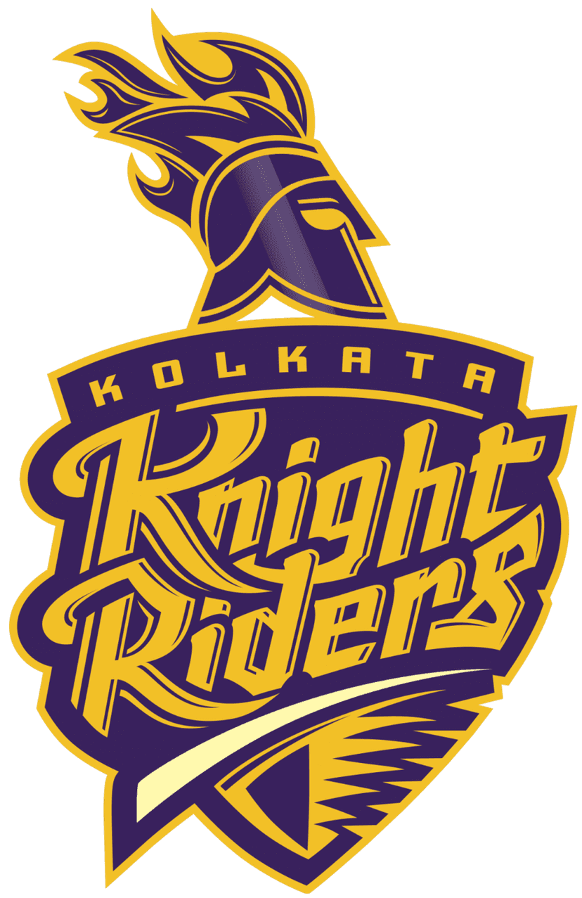 Kolkata Knight Riders emblem shows a purple shield with a golden armored knight profile and bold white lettering.