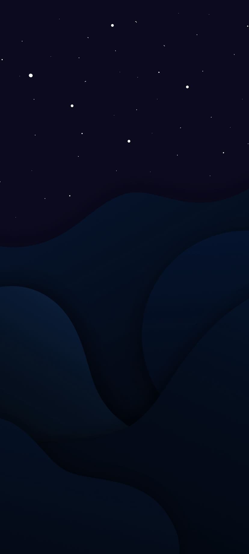 Layered dark blue mountain silhouettes rest under a vast night sky filled with small, scattered white stars.