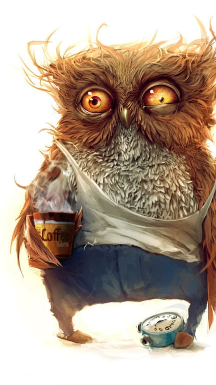 Disheveled owl in pajamas glares while holding a steaming coffee mug next to a ringing morning alarm clock.