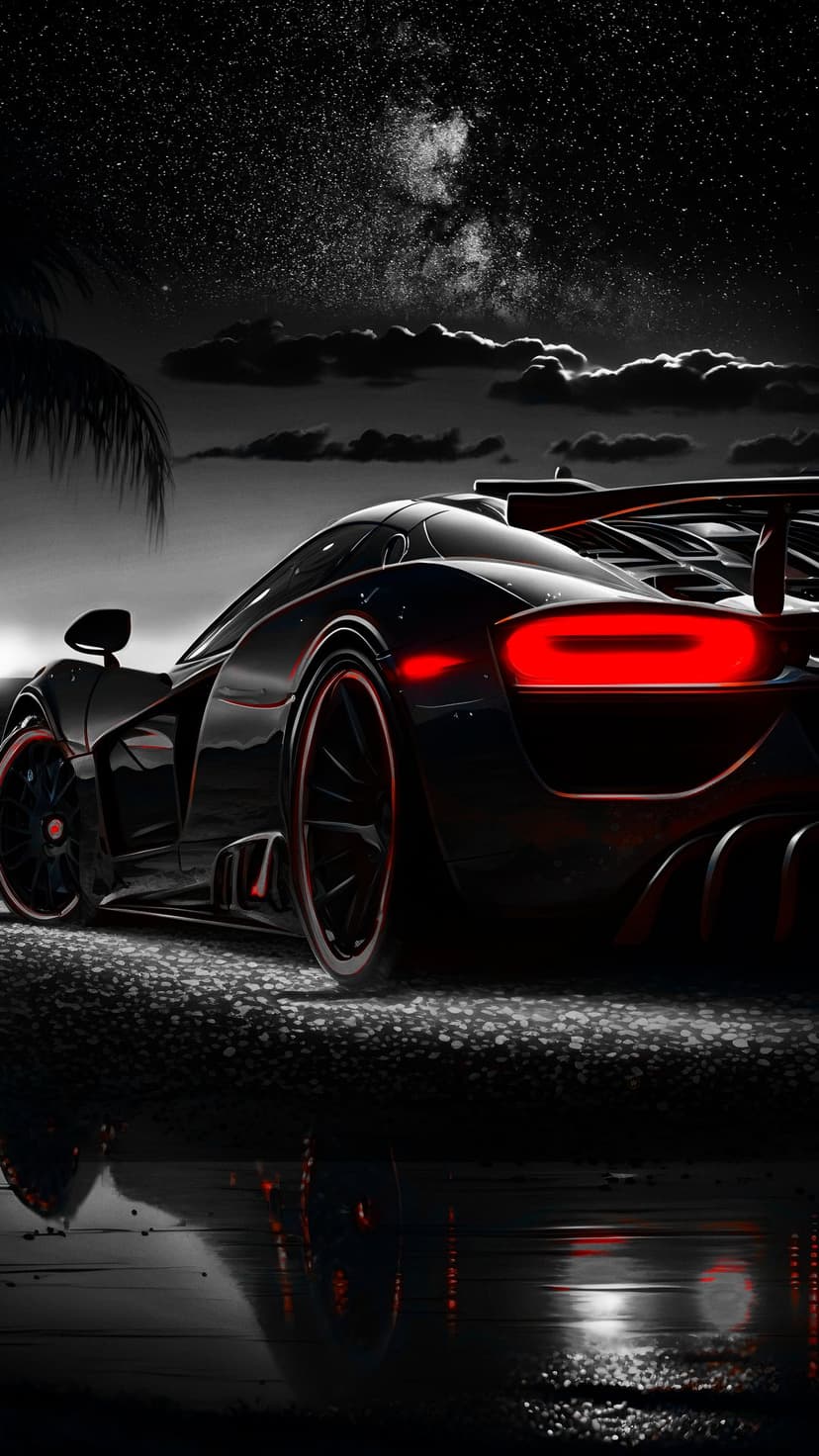 Black sports car with glowing red taillights parked on a wet road under a starry sky with palm tree silhouettes.