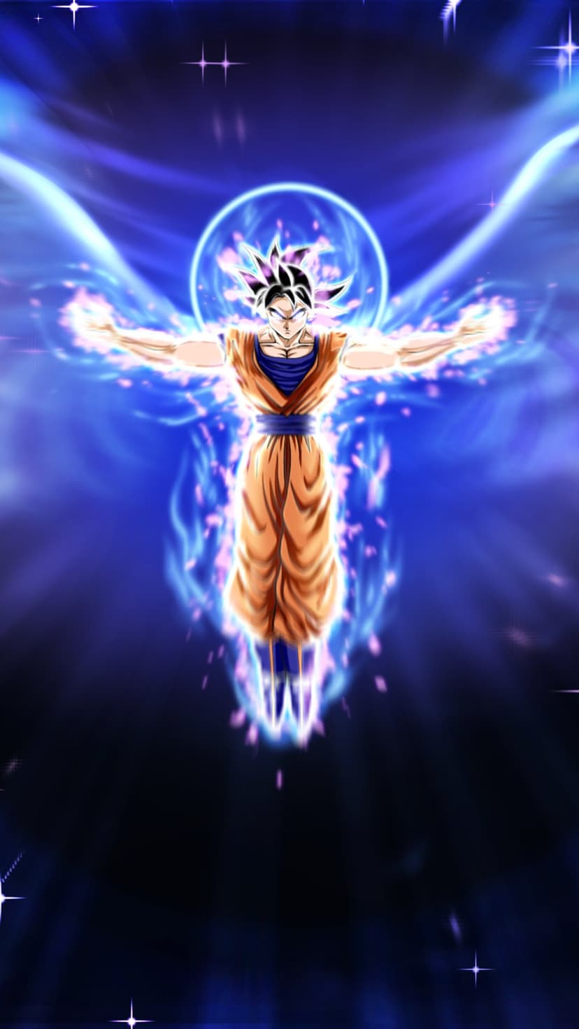 Son Goku stands with silver hair and glowing eyes amidst swirling blue and violet energy against a dark nebula.