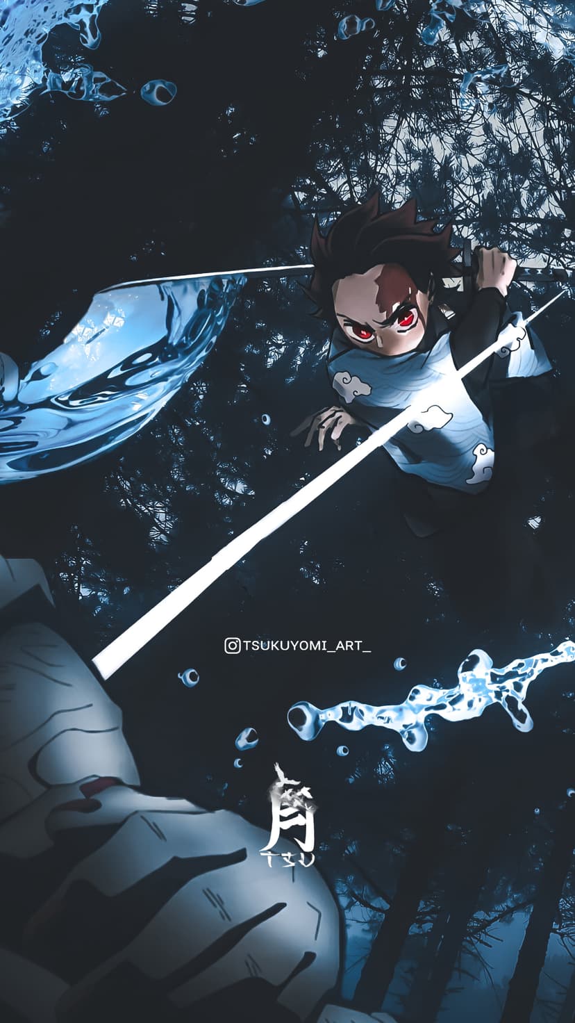 Tanjiro Kamado wields a sword surrounded by swirling blue water waves against a dark, misty forest background.