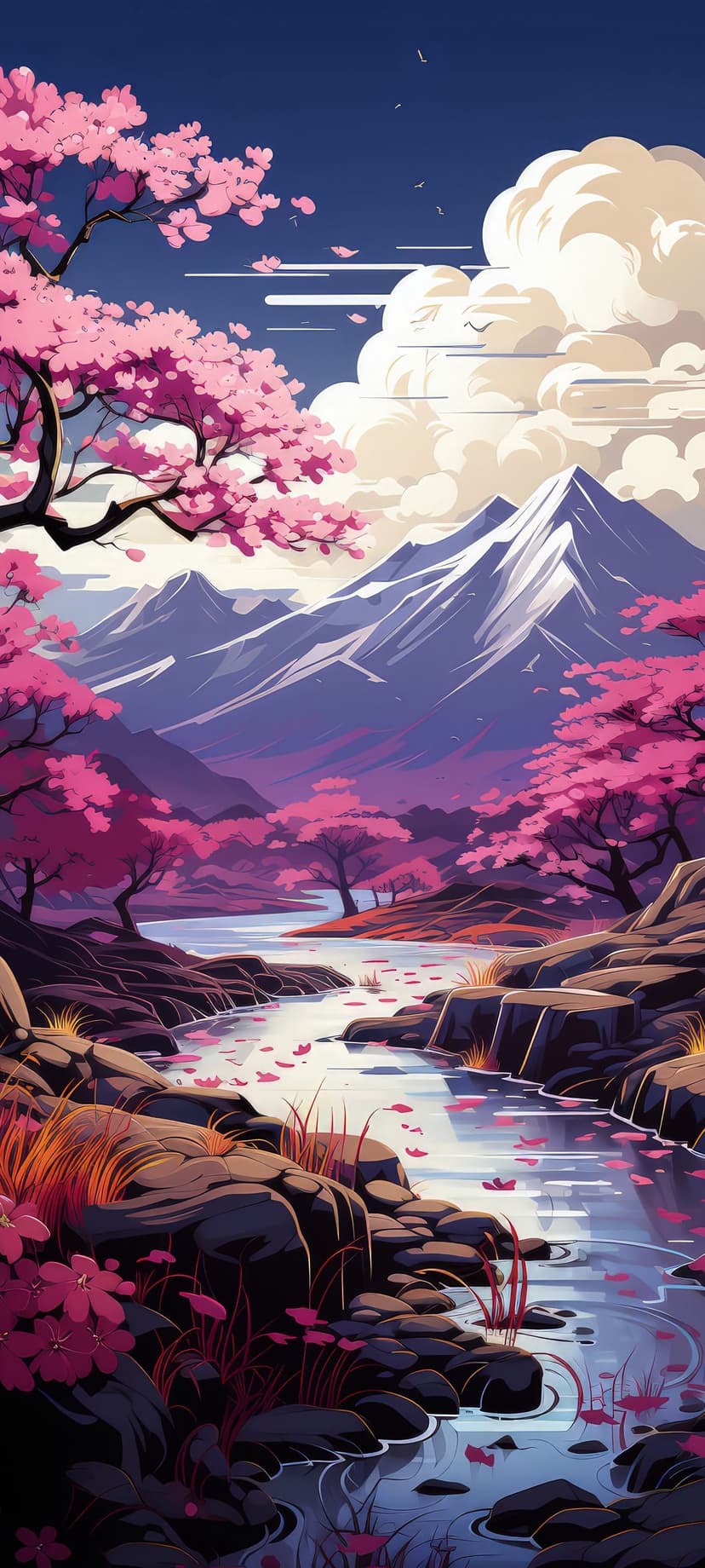 Pink cherry blossoms frame a winding river and distant snowy mountain peaks beneath birds flying in a blue sky.