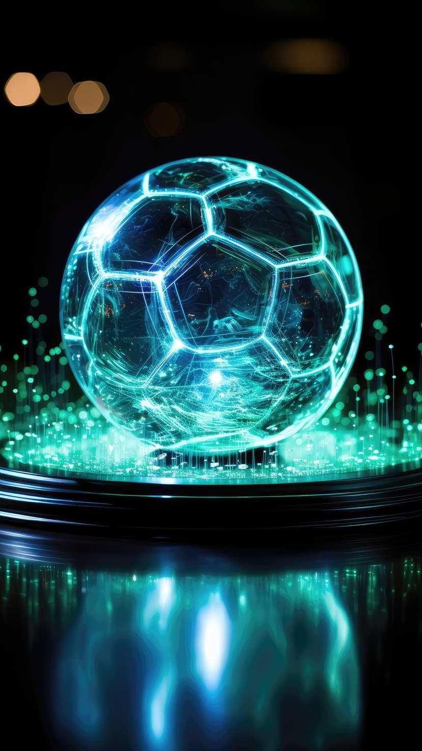 Neon blue soccer ball featuring electric green circuitry and floating particles on a dark reflective floor.