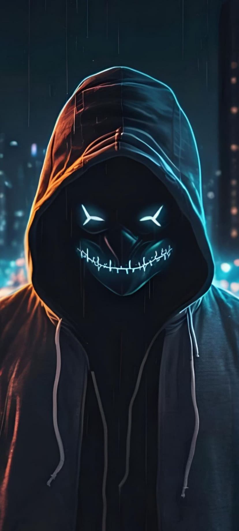 Hooded individual wearing a luminescent blue grinning mask stands amidst heavy rain in a dark urban setting.
