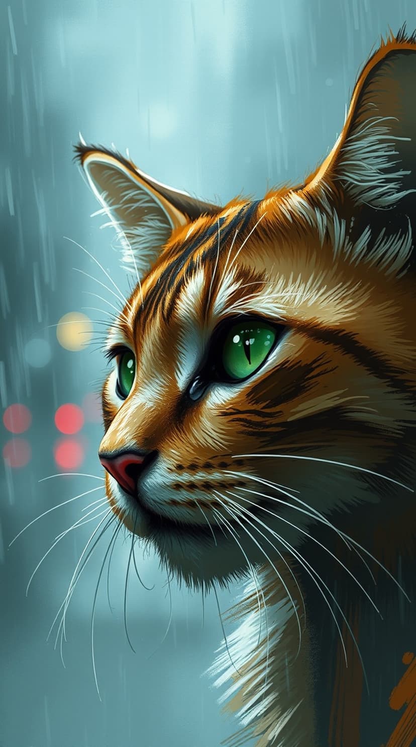 Ginger tabby cat with glowing green eyes sits in the rain against a backdrop of blurred urban night lights.