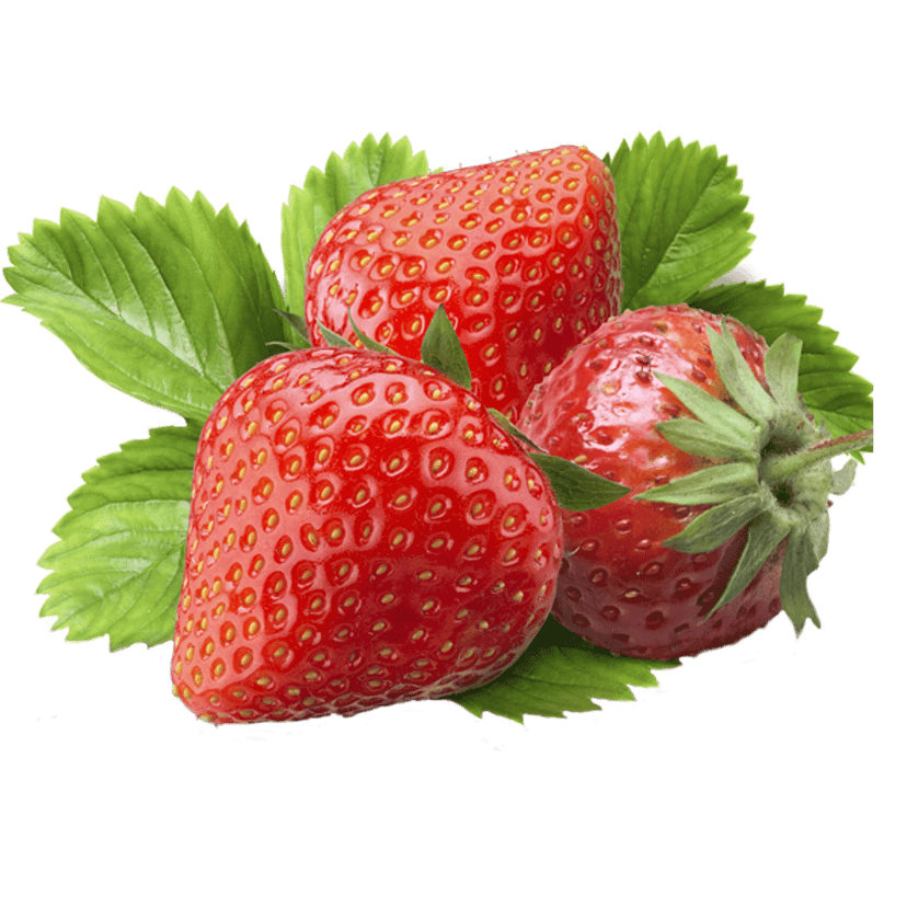 Strawberry fruit juice illustration featuring ripe red berries and purple forest fruits on a transparent background.